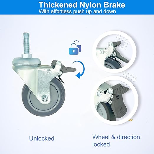 4 inch Swivel Caster Wheels Heavy Duty with Nylon Brake, 1/2" x13-1-1/2 Threaded Stem Casters Set of 4, Polyurethane Grey PU Wheels for Hospital, Lab, Furnitures,Restaurant