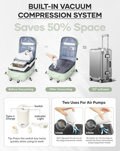 wepadre Vacuum Travel Backpack with Pump Travel Backpack with Vacuum System Easy Vac Pack Backpacks Vacpack Compression Backpacks Mochila de Viaje Compresion al Vacio Mint Green