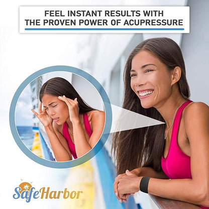 SafeHarbor Motion Sickness Relief and Anti Nausea Kit for Your Cruise Essentials | 2 Motion Sickness Bands 10 Natural + Herbal Relief Patches| Works for Children and Adults | Helpful E-Book Included