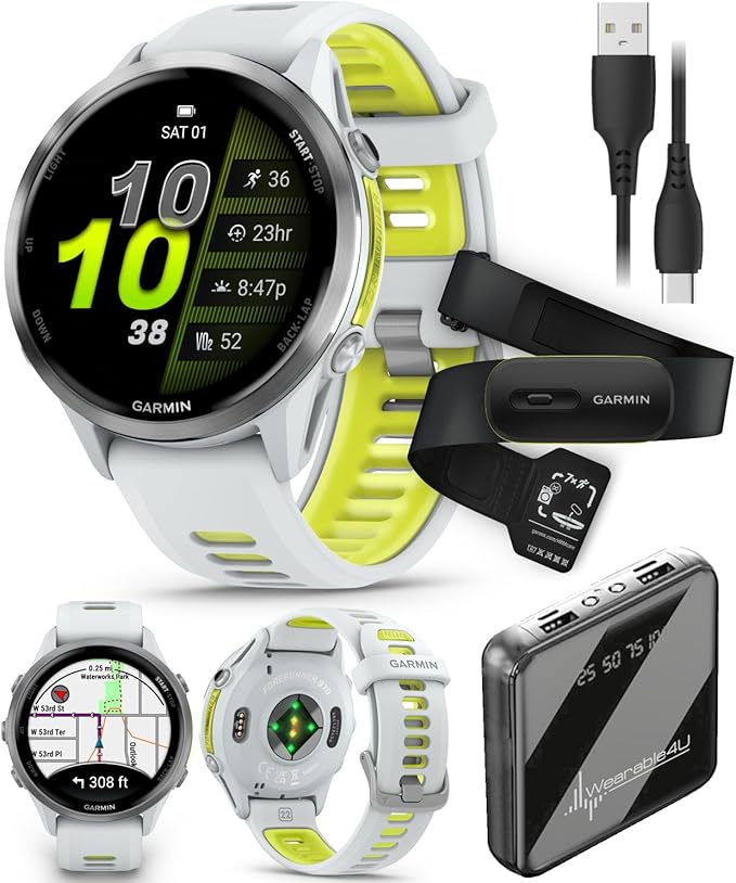 Wearable4U Garmin Forerunner 970 Titanium Smartwatch with Whitestone Case and Whitestone/Translucent Amp Yellow Band, AMOLED Display with Garmin HRM 600 S Power Bank Bundle