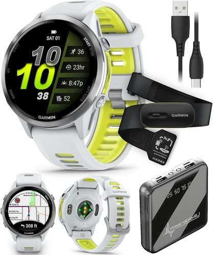 Wearable4U Garmin Forerunner 970 Titanium Smartwatch with Whitestone Case and Whitestone/Translucent Amp Yellow Band, AMOLED Display with Garmin HRM 600 S Power Bank Bundle