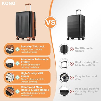 Kono Lightweight 24 Inch Expandable Luggage with Quiet Spinner Wheels TSA Lock, Scratch and Drop Resistant PC+ABS Hardside Durable Medium Checked Suitcase, Black & Brown