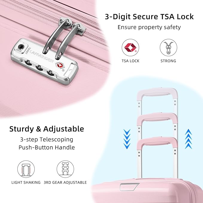LARVENDER Luggage Sets 3 Piece, Hardside PP Carry On Suitcase with 360° Spinner Wheels TSA Lock Luggage Sets for Women, Orchid Pink