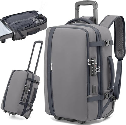Fanwoli Vacuum Rolling Travel Backpack, Carry On Luggage with TSA Lock & Anti Theft Zipper, 70L Expandable Airback with Compression Pump, Waterproof Laptop Bag Ideal for Flight & Business