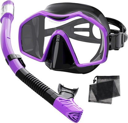 Snorkeling Gear for Adults,Dry-Top Snorkel Mask Set with Tempered Glass,Anti-Fog & Anti-Leak Panoramic Swim Mask,Adjustable Snorkel Kit with Carry Bag for Scuba Diving,Swimming,Travel
