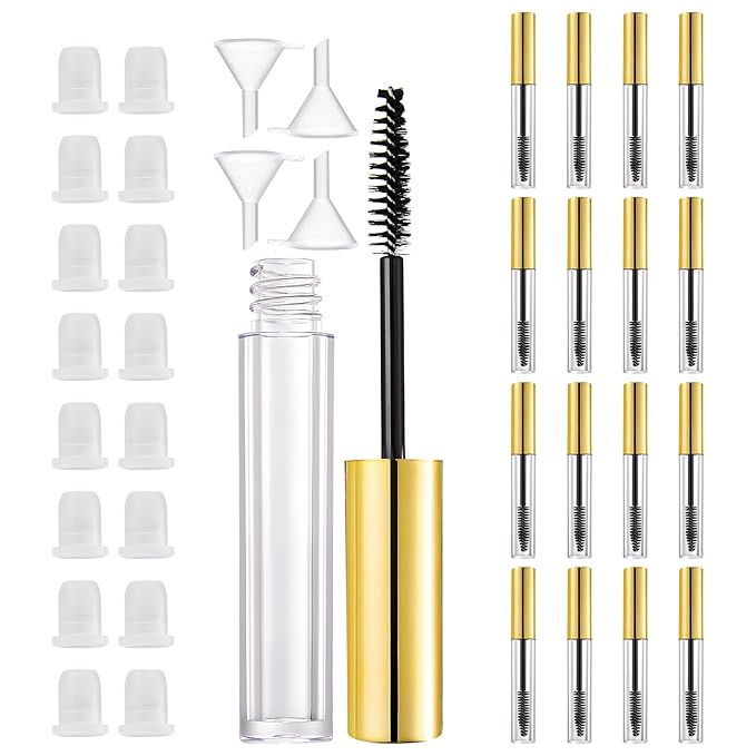 16 Pack Empty Mascara Tube 10ml Refillable Bottles with Brush Wand&Funnels,Leakproof Travel Containers for Lash & Brow Serum,Portable for Makeup Artists or Beginners(Gold)