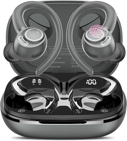 Wireless Earbuds, Bluetooth 5.4 Headphones Sport, Over Ear Buds with ENC Noise Cancelling Mic, 48H, Wireless Earphone with Earhooks, Stereo Deep Bass, IP7 Waterproof Ear Bud for Workout Running, Grey