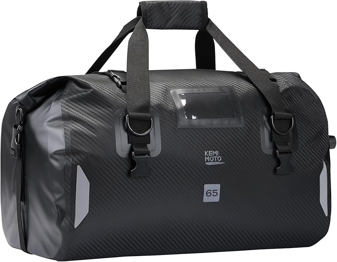 KEMIMOTO Waterproof Motorcycle Dry Bag – Duffle Tail Bag Soft Luggage, 40L/65L Large Capacity with 4 Quick-Release Straps, Dustproof for Touring, Adventure, Motorcycling & Camping