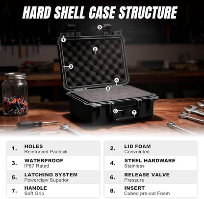 14x 11.5x 6.5 Inch Hard Case, Portable Weather Waterproof Protective Camera Case with Customizable Foam, Fit Use of Drones, Camera, Equipments, Black，upgraded