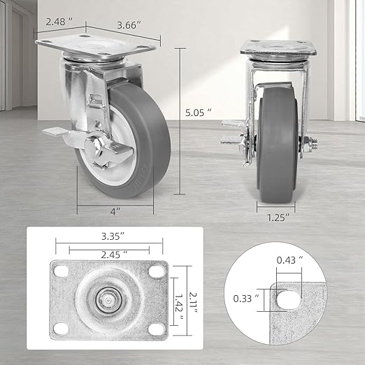 4 Inch Caster Wheels, Rubber Wheels Silent Castor- Set of 4 Heavy Duty Caster Wheels with Brake 1600Lbs, Industrial Plate Casters Wheels for Cart Furniture Workbench (4 Side Brake)