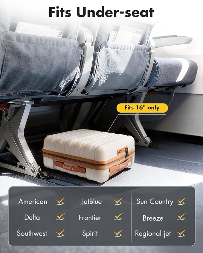 Lekesky 16 Inch Underseat Carry On Luggage Airline Approved, Small Hard Shell Suitcase with TSA Lock Spinner Wheels, Lightweight Personal Item Carry-On for Travel, Beige-Brown