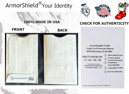 RFID Blocking Sleeves Credit Card Protector 100% MADE IN USA - Anti-theft for Travel wallet, purse. ArmorShield Your Identity (10PAK)