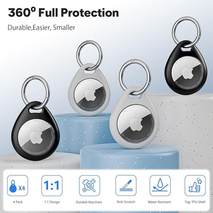 MAIRAN AirTag Holder 4 Pack, Anti-Scratch Waterproof TPU Protective Case with All-Metal Keychain Clip, Durable Apple AirTag Accessories for GPS Tracker FitsKeys, Pet Collar, Luggage,Backpacks