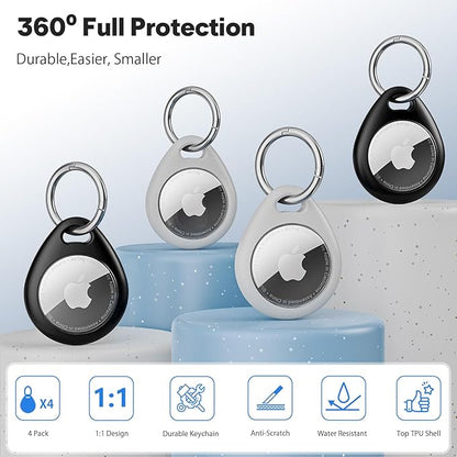 MAIRAN AirTag Holder 4 Pack, Anti-Scratch Waterproof TPU Protective Case with All-Metal Keychain Clip, Durable Apple AirTag Accessories for GPS Tracker FitsKeys, Pet Collar, Luggage,Backpacks