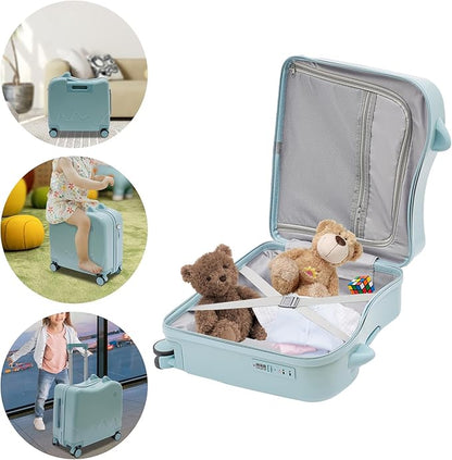 Kids Ride-On Suitcase, 18" Rolling Luggage With Lock, Carry on Hardside Trolly Case for Short Trips, Study Tours, Outings, Sky Blue