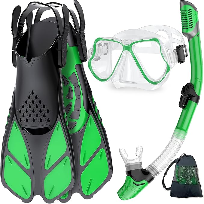 Zenoplige Mask Fins Snorkel Set, Snorkeling Gear for Adults, Panoramic View Snorkel Mask Anti-Fog, Adjustable Dive Flippers, Dry Top Snorkel and Travel Bag, Scuba Gear for Swimming Snorkeling Diving
