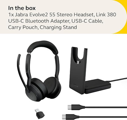 Jabra Evolve2 55 Stereo Wireless Headset - Charging Stand, AirComfort Technology, Noise-Cancelling Mics & Active Noise Cancellation - Works with UC Platforms Such as Zoom & Google Meet - Black
