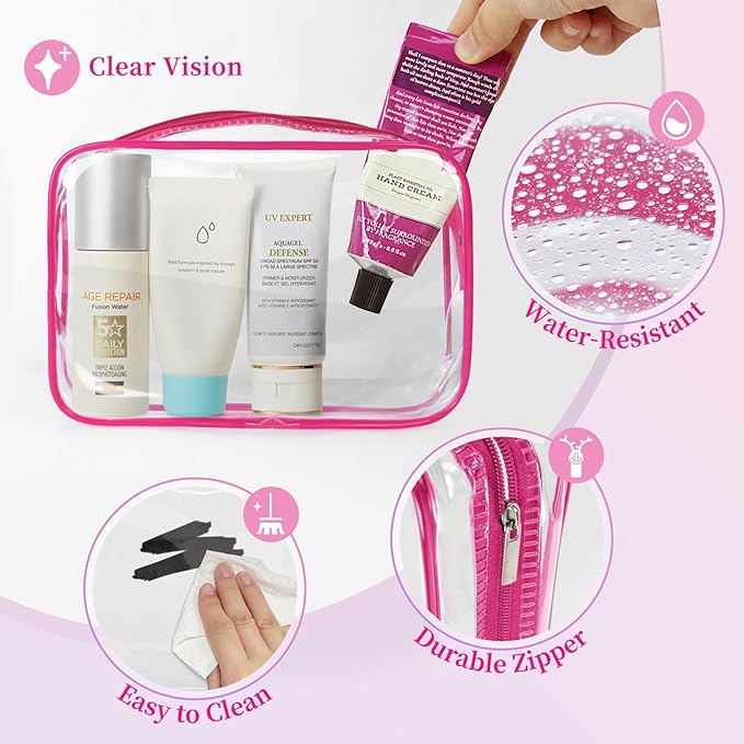 TISRATOK 12 PCS Clear Makeup Bag for Women with Zipper, TSA Approved Toiletry Pouch, Cosmetic Bag Bulk for Travel Organizer Essentials - Rose Red, Large