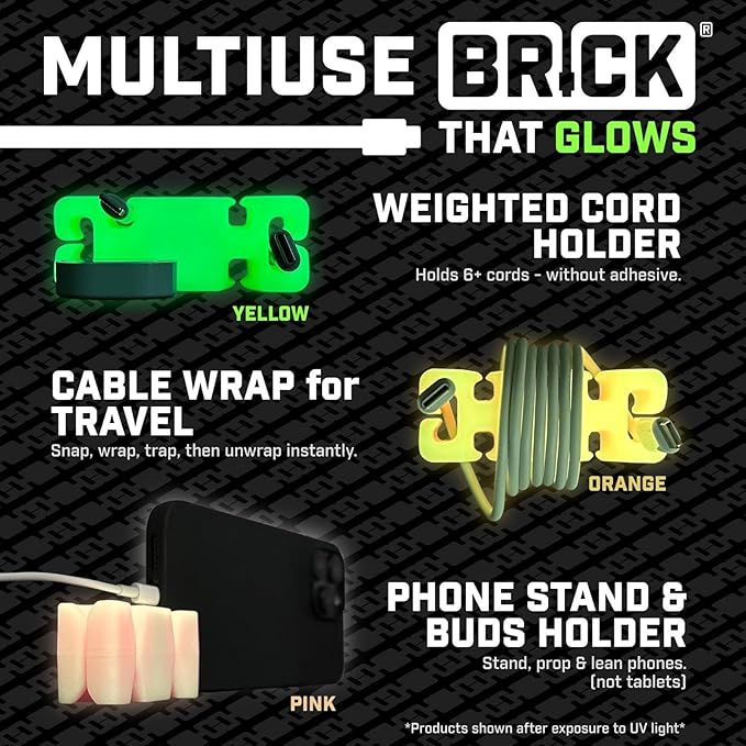 GlowBrick Stocking Stuffers for Adults Cord Management Weighted Cord Holder Cable Wrap Phone Stand - Glow-in-The-Dark Gadget Organizer for Nightstand. Gift for Men, Silicone. Glowing Orange