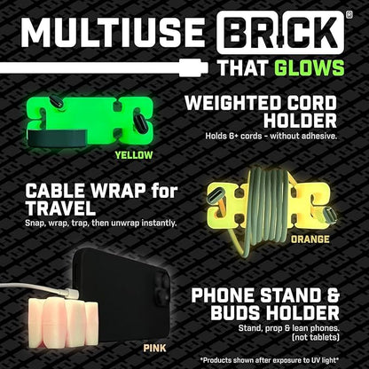 GlowBrick Stocking Stuffers for Adults Cord Management Weighted Cord Holder Cable Wrap Phone Stand - Glow-in-The-Dark Gadget Organizer for Nightstand. Gift for Men, Silicone. 4pk Green Glow