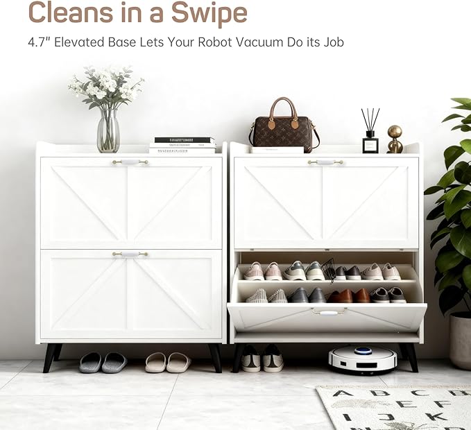 Shoe Storage Cabinet for Entryway with 2 Flip Drawers, Narrow Metal Shoe Cabinet with Anti-Tip, Holds 12-16 Pairs, Freestanding Shoes Cabinets Storage for Entryway, Foyer, Hallway (White)