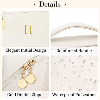 Birthday Gifts for Women Teen Girl, Personalized Initial Makeup Organizer Bag Set, Open Flat Travel Cosmetic Bag With Clear Divider and Handle(Beige,R)