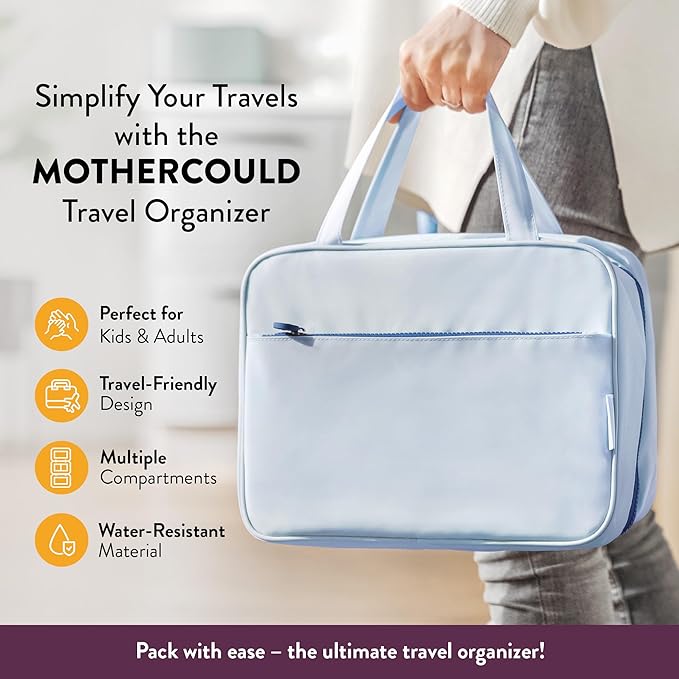 Kids Travel Organizer – Multi-Compartment, Water-Resistant Hanging Bag for Toys, Snacks, & Activities - Compact, Lightweight Design with Hook & Carry Handle - Perfect for Travel Use (Blue, Large)