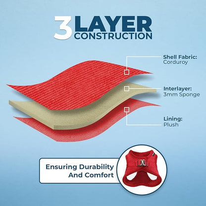 Best Pet Supplies - All Weather Mesh/Plush, Reflective, No Pull Harness for Small, Medium Dogs, Cats - Secure with Hook & Loop Fastener, Buckle, Double D-Rings - Red Corduroy, XL
