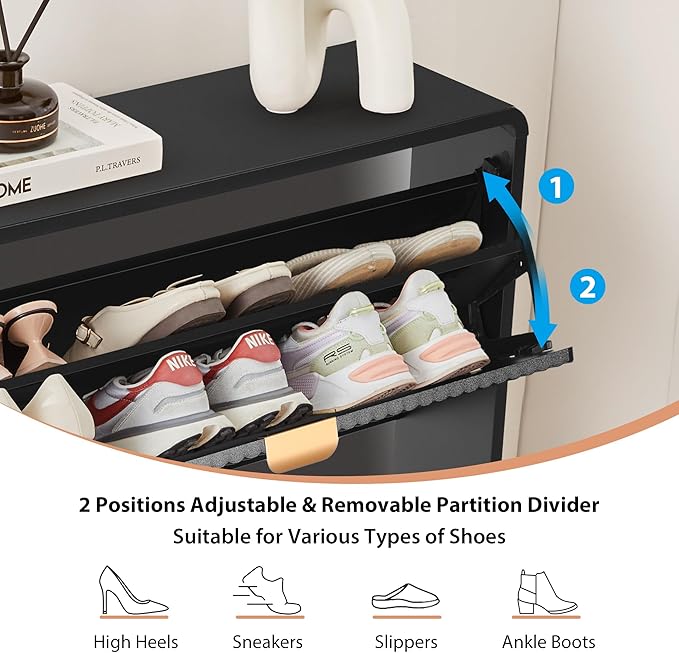 RARZOE Set of 2 Fluted Shoe Storage Cabinets for Entryway, Narrow Curved Shoe Cabinet with 2 Flip Drawers, Freestanding Wood Hidden Shoe Organizer Closed Shoe Rack Cabinet for Foyer,Hallway (Black)