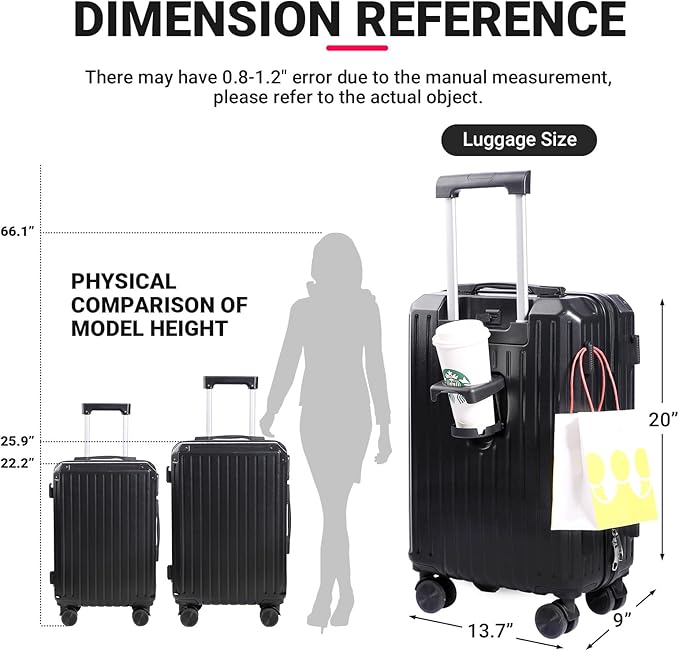 Carry-on Luggage with Cup Holder & USB Charging Port, Hard Side Luggage with Spinner Wheels, Lightweight Luggage for Travel, Business (Black, Carry-On 20-Inch)