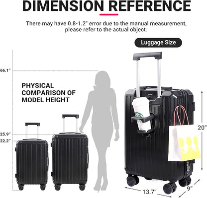 Carry-on Luggage with Cup Holder & USB Charging Port, Hard Side Luggage with Spinner Wheels, Lightweight Luggage for Travel, Business (Black, Carry-On 20-Inch)