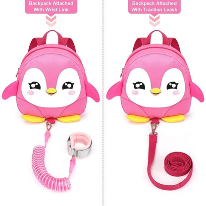 Accmor Toddler Harness Backpack Leash, Cute Penguin Kid Backpacks with Anti Lost Wrist Link, Mini Child Backpack Harness Leashes Walking Wristband Rope Travel Bag Harness Rein for Baby Girls (Pink)