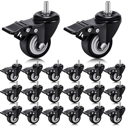 Set of 20 M8 Caster Wheels 2 Inch M8 x 15 mm Swivel Threaded Stem Caster Locking Standing Desk Wheels Heavy Duty 360° Polyurethane with Dual Brake, No Noise, 400 lb for Cart Desk Furniture