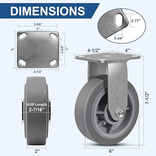 6 Inch Rubber Wheels (Flat Tread)- Heavy Duty Casters, Industrial Caster Wheels- with up to 1000 LB Capacity- Use for Dollies, Utility and Maintenance Carts(1 Rigid)