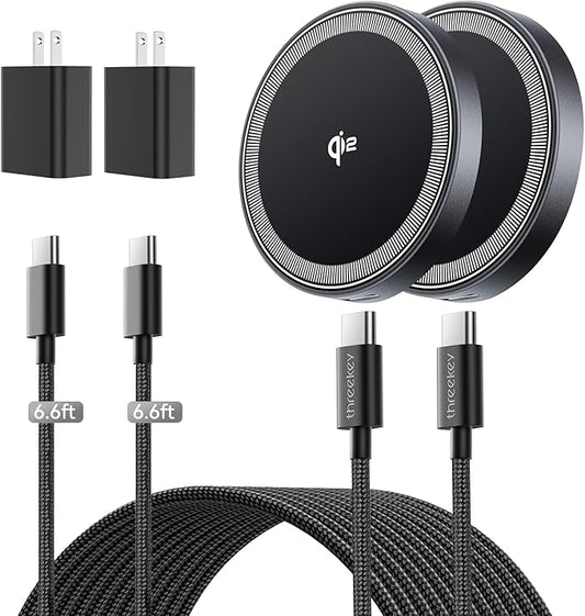 for 15W Magsafe Wireless Charger, Qi2 Magnetic Wireless Phone Charger with 6.6ft Cable Fast Charging Pad for iPhone 17 Air 16 15 14 13 12 Pro Max Airpods(20W Adapter Included), 2 Pack (Black)
