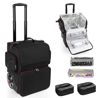Large Makeup Train Case,Cosmetic Makeup Case for Hairstylist, Hairdresser Bag with Detachable Pouch,Heat Insulation and Anti-scalding Full layer for Hairdressing Tool Organizer Trolley with wheels