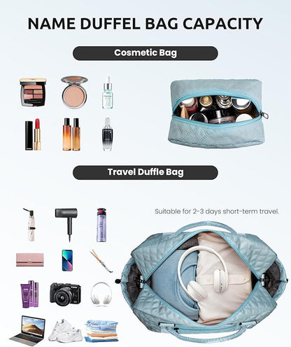 Gifts for Friends - Initial Personalized Weekender Duffle Bag with Shoe Compartment and Travel Makeup Bag for Daughter or Sister (Letter I)