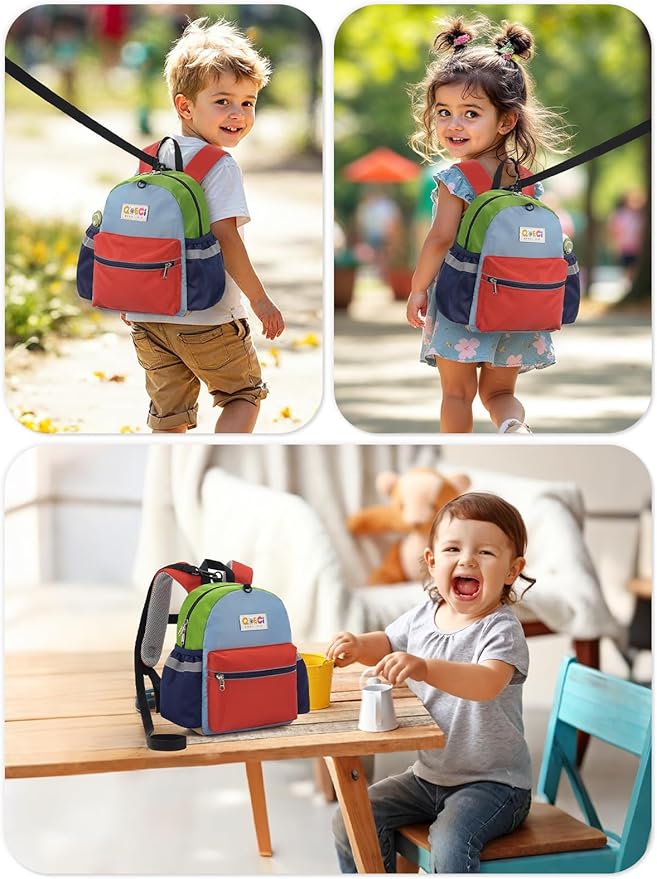 Toddler Backpack with Leash for Boys Girls Kids Kindergarten Nursery, 11” Baby Leash Backpack with Reflective, Toddler Bookbag with Anti-Lost Harness for Walking, Orange&Red