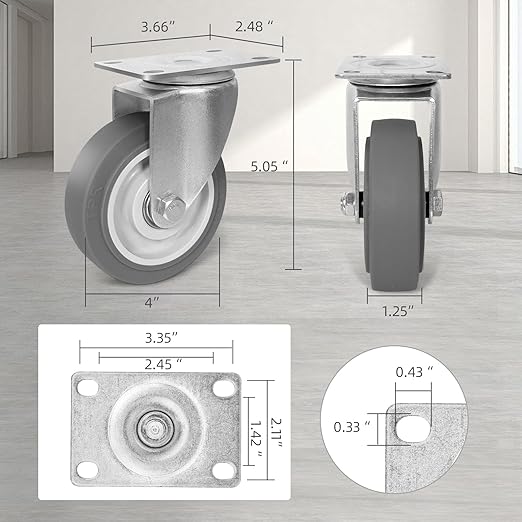4 Inch Caster Wheels, Rubber Wheels Silent Castor- Set of 4 Heavy Duty Caster Wheels with Brake 1600Lbs, Industrial Plate Casters Wheels for Cart Furniture Workbench (4 Swivel)