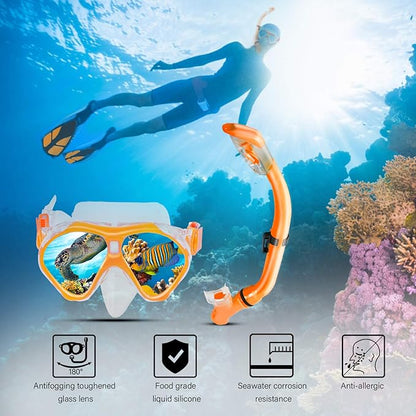Kids Snorkeling Set Children Mask Fin Snorkel Set Snorkeling Gear Snorkel Mask + Adjustable Swimming Kids Flippers+ Dry Snorkel Tube + Travel Bags