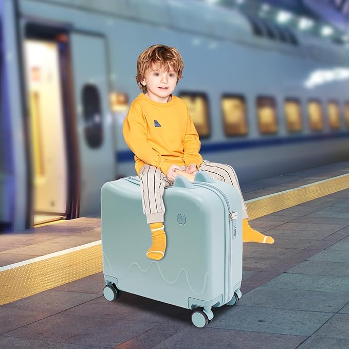 18" Kids Carry On Luggage, Ride-On Kids' Suitcase with Double Spinner Wheels, Cute Lightweight Tow-Along Luggage with Password Lock, Children's Trolly Case for Travel Study Tours (Sky Blue)