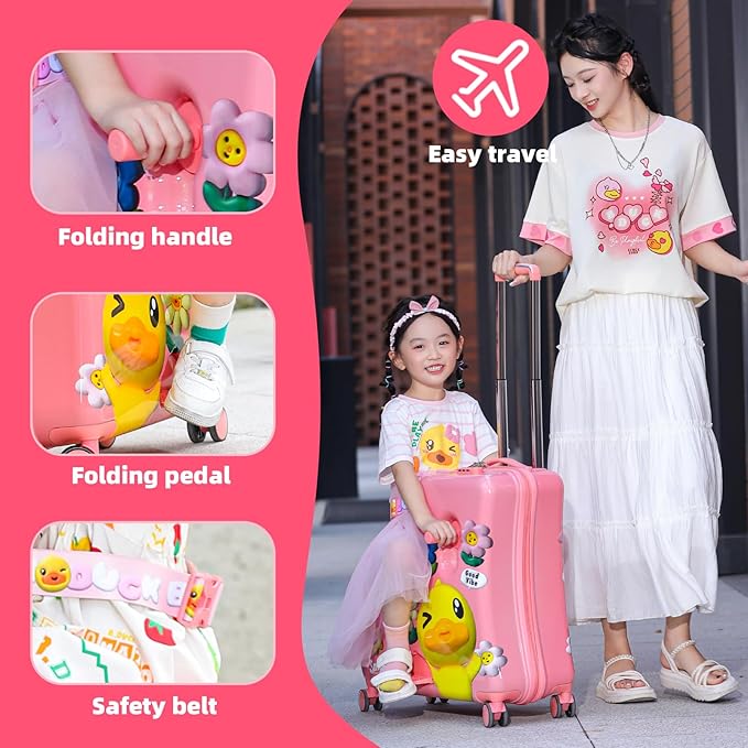 Kids Luggage, Lightweight Ride on Luggage with Spinner Wheels & Foldable Design (20-Inch+ Aged 1-3 Toddler, Pink Flower),Birthday Gift