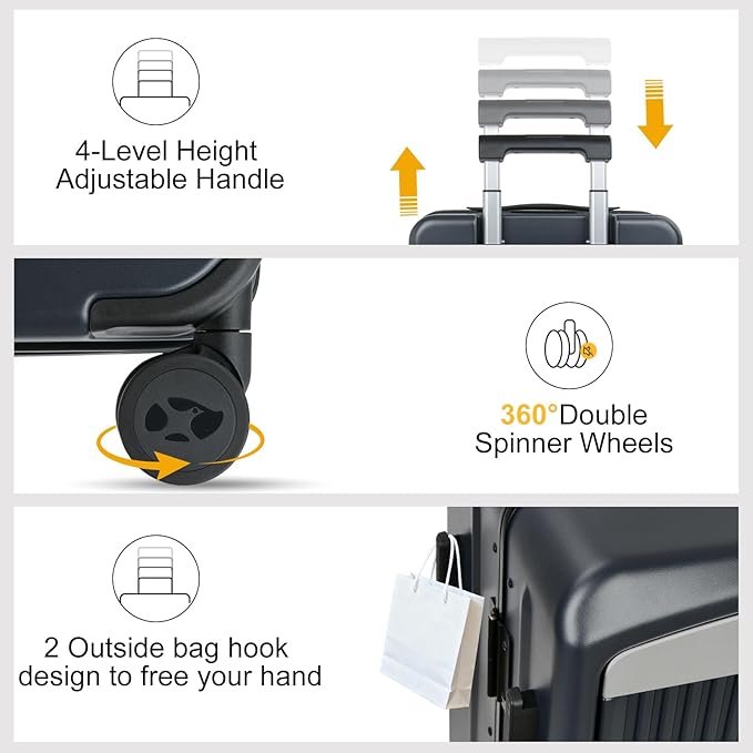 Carry on Luggage 22x14x9 Airline Approved, Durable PC Hardside Suitcase with TSA Lock for Business Trip, 20 Inch Carry-on Luggage, USB Port & 360°Spinner Wheels (20 Inch - Aluminium-Frame, Dark Grey)