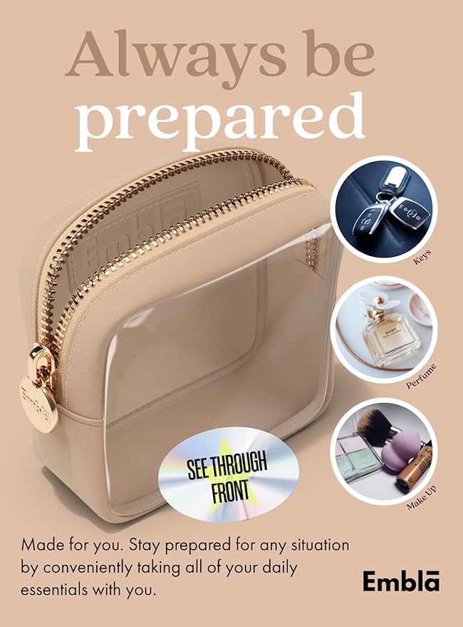 Embla London Makeup Bag Cosmetic Case, Clear Zipper Make Up Pouch and Toiletry Travel Tote, Cute Skincare Pouches for Women Girls, Preppy Purse Cosmetic Organizer, Mini Makeup Bags, Sand