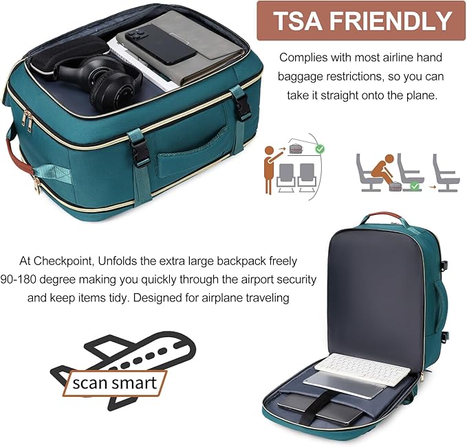 40L Travel Laptop Backpack for Women & Men, Airline Approved Carry On Luggage Overnight Bags, Waterproof Personal Item Bag, Weekender Essentials Backpacks Vacuum Backpack Dark Green