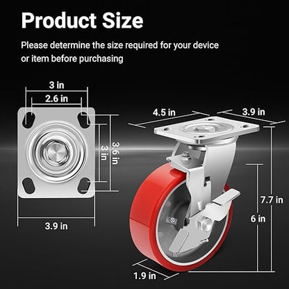 Nefish 6 Inch Heavy Duty Industrial Grade Casters Wheels, Aluminum Core PU Castor Set of 4, Durable Plate Swivel Casters with Brake 5000 LBS, Anti-Corrosion Wheels for Industrial, Equipment