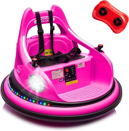 12V Electric Ride On Bumper Car for Kids, Bumper Car for Toddlers 3+ W/Remote Control, LED Lights & 360 Degree Spin, Bluetooth, Anti-Collision Padding Five-Point Safety Belt (Rose Red)