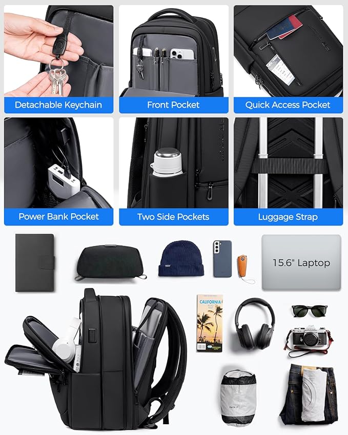 Expandable Travel Laptop Backpack, 15.6 Inch Computer Backpack with USB Charging Port, Water Resistant Black Mens Laptop Bag