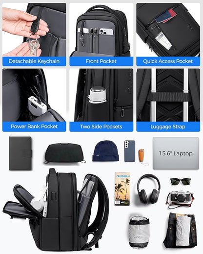 Expandable Travel Laptop Backpack, 15.6 Inch Computer Backpack with USB Charging Port, Water Resistant Black Mens Laptop Bag