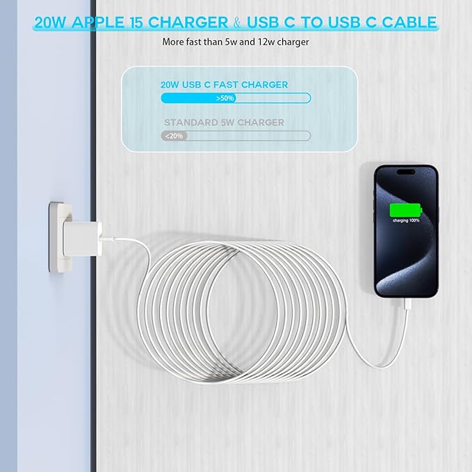 10FT Woven Cable for Apple 17 16 15, 60W 10Foot USB C to Type C Braided Charger Cable Cord & 20W USB C Charger Block Cube Travel Plug Super Quick Charging for iPhone 17 16 15/Plus/Pro/Pro Max,iPad Pro